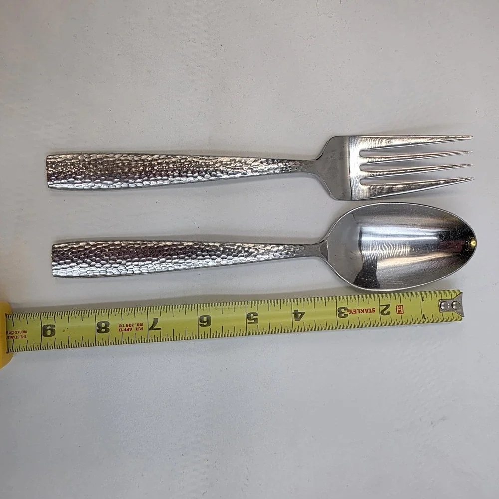 VTG ONEIDA Hammered‎ Stainless Serving Spoon & Fork Set Mid Century Modern